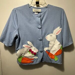 Vintage-Inspired Light Blue Bunny Appliqué Cardigan